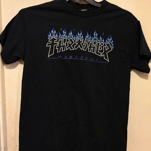 Thrasher Magazine Godzilla Charred Black Tee with Blue Flame Graphic